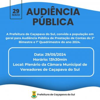 Prefeitura realiza audiência pública no dia 29 de maio, para prestação de contas.